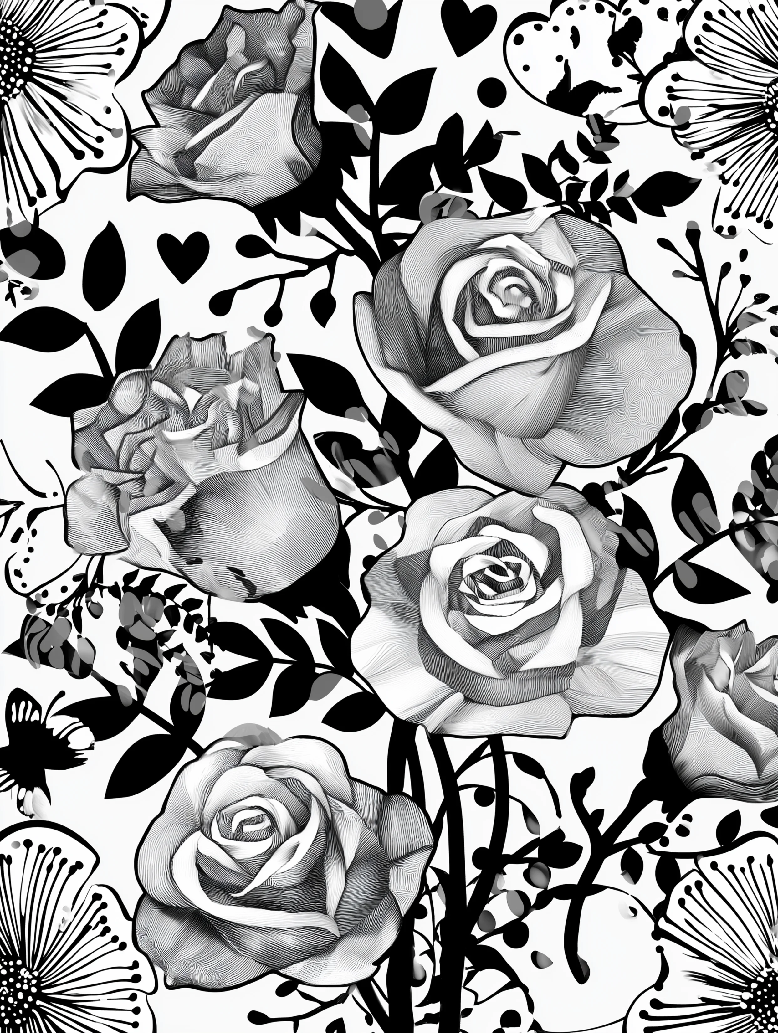 Free printable rose coloring page for adults featuring climbing rose vines